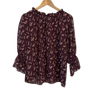 MISA Los Angeles PurpleFloral‎ Viscose Ruffled Blouse Size L